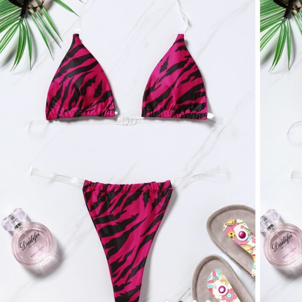 ⚡️Pink Animal Print Clear Strap Bikini⚡️